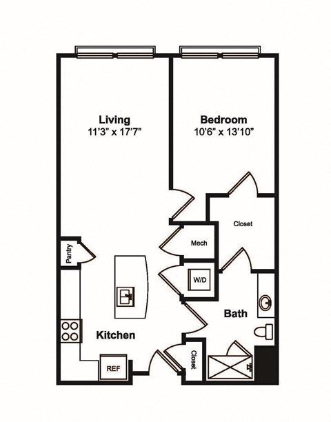 Floor plan for 1 bed, 1 bath, 789 sqft
